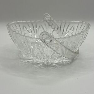 Beautiful Cut Glass Oval‎ Basket With Handle Vintage MCM decor Dish